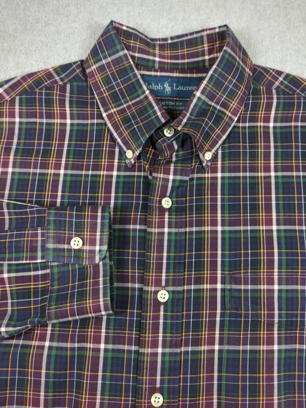 VTG Ralph Lauren Shirt Men's Large Plaid Custom Fit Two-Ply Cotton Button Down